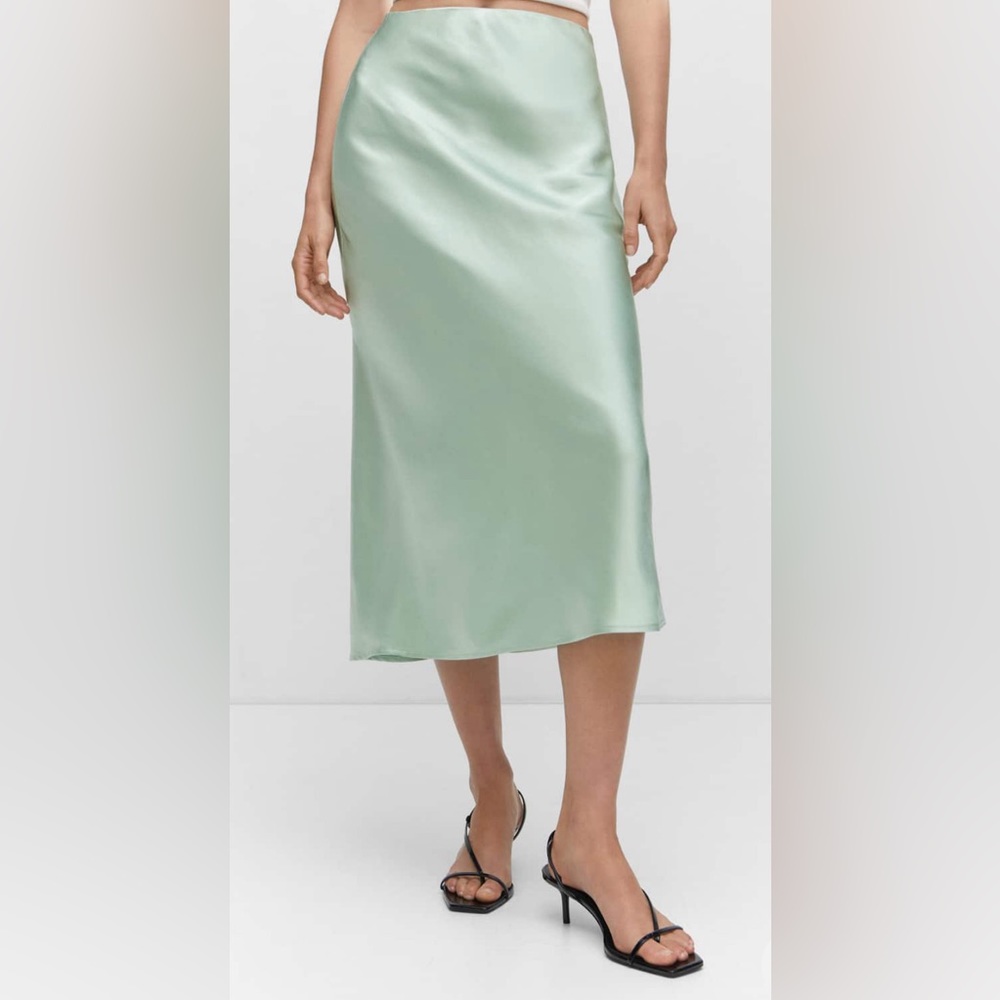 Mango, Green Satin Midi slip skirt